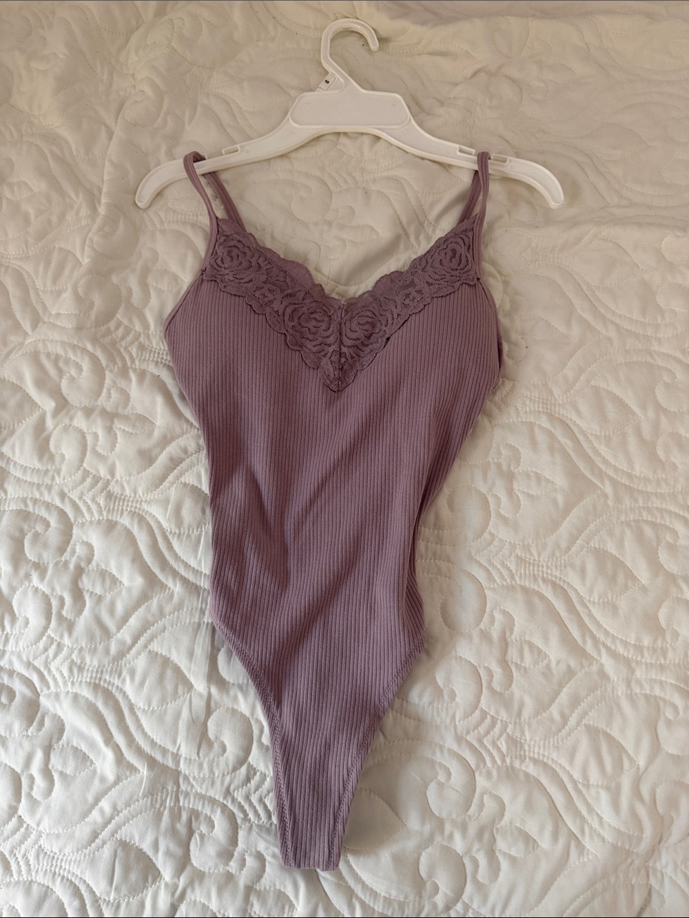 PINK Victoria's Secret Mauve Ribbed Lace-Trim Bodysuit top